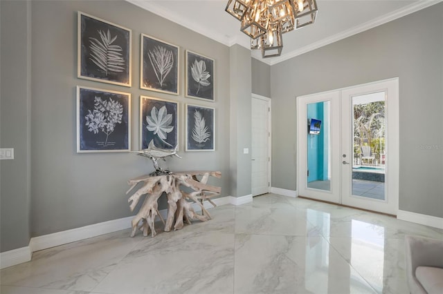 doorway featuring french doors, baseboards, marble finish floor, and ornamental molding