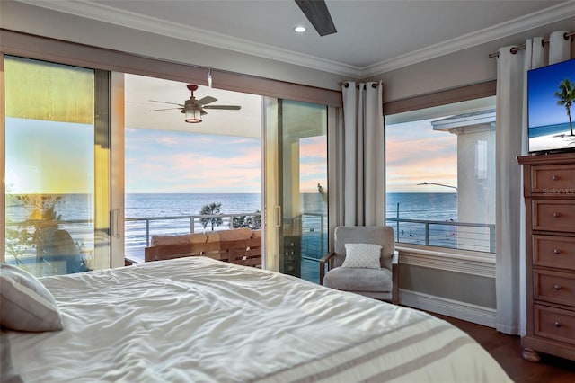 bedroom with baseboards, dark wood-style flooring, ceiling fan, ornamental molding, and access to outside