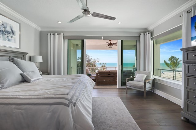 bedroom featuring ornamental molding, recessed lighting, baseboards, access to exterior, and dark wood-style flooring