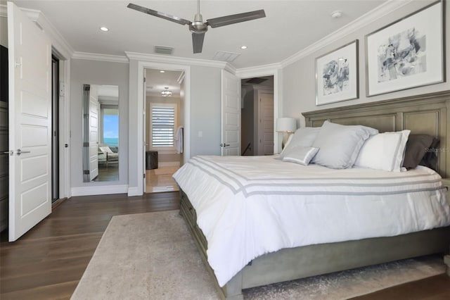 bedroom with visible vents, ornamental molding, dark wood-style floors, recessed lighting, and baseboards