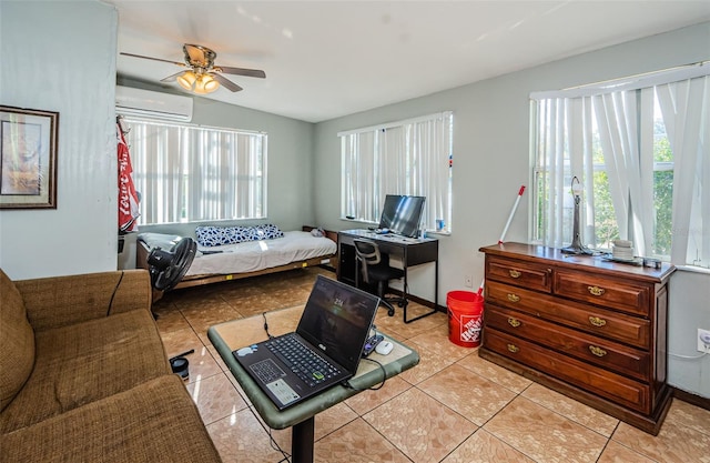 bedroom with ceiling fan, light tile patterned flooring, and an AC wall unit