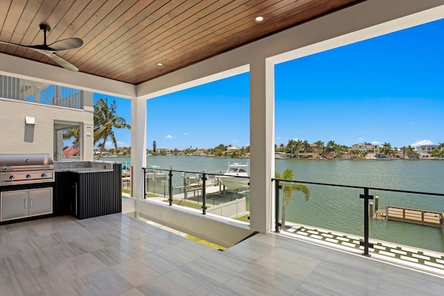 view of patio featuring a balcony, a water view, area for grilling, and ceiling fan