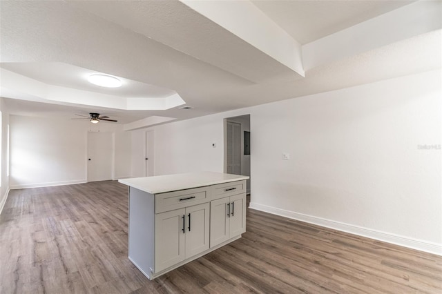 kitchen with a raised ceiling, wood-type flooring, a kitchen island, and ceiling fan