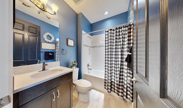 full bathroom featuring shower / bath combination with curtain, vanity, and toilet