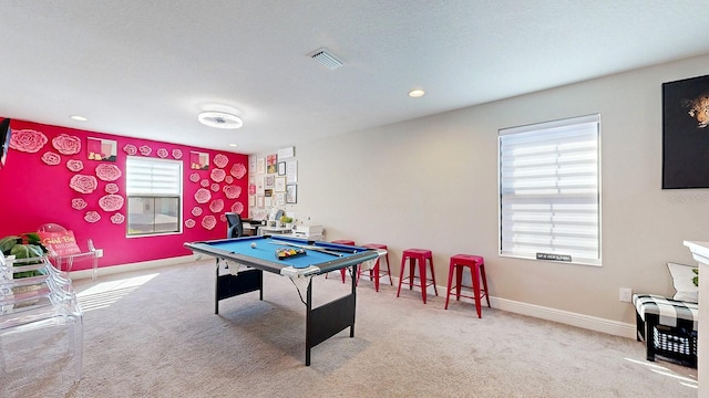 recreation room with carpet floors and billiards