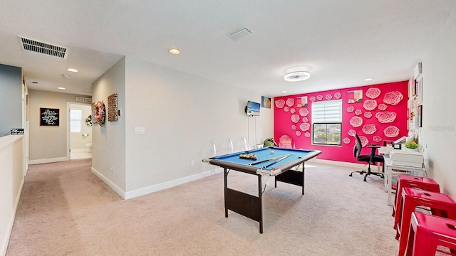 rec room featuring light carpet and billiards