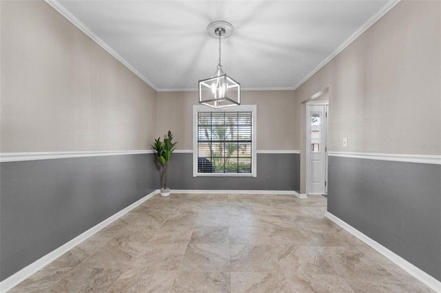 unfurnished dining area with an inviting chandelier and ornamental molding