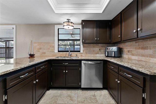 kitchen featuring dishwasher, dark brown cabinetry, kitchen peninsula, and sink