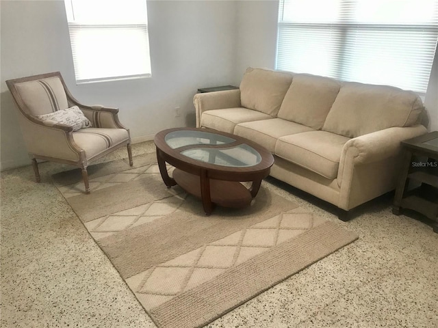 living room featuring speckled floor