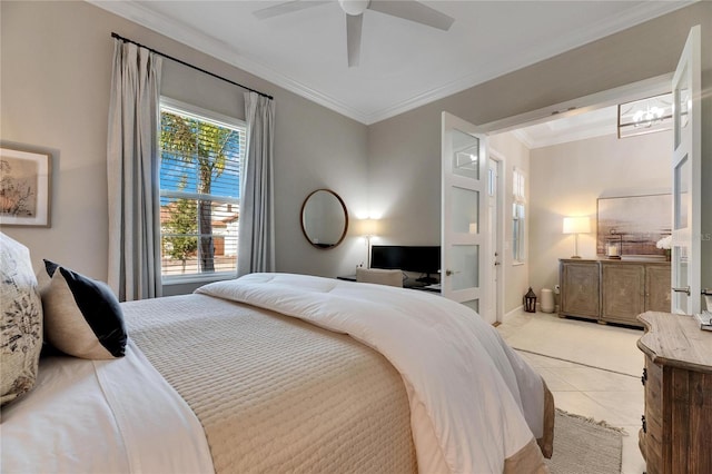 bedroom with ceiling fan, light tile patterned floors, and ornamental molding