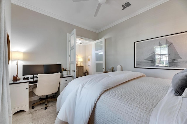 bedroom with ceiling fan and ornamental molding