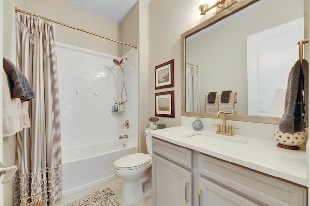 full bathroom with tile patterned floors, shower / bath combination with curtain, toilet, and vanity