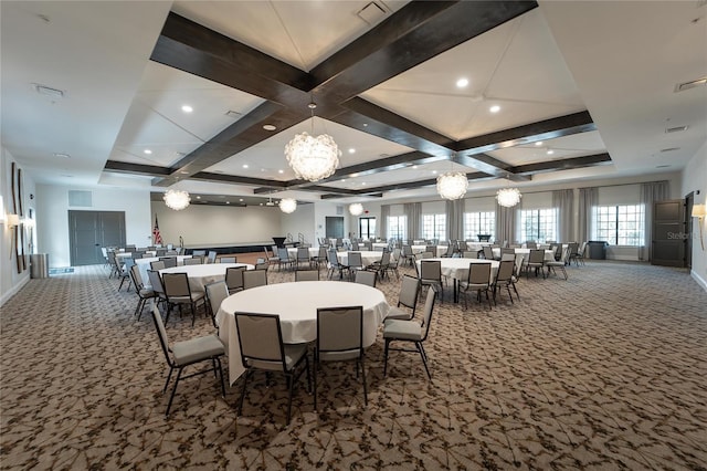 carpeted dining room with beam ceiling, a notable chandelier, and coffered ceiling