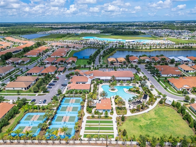 birds eye view of property featuring a water view