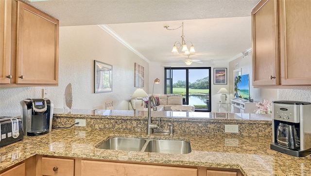 kitchen with sink, light stone counters, and crown molding