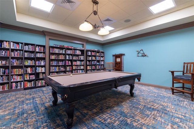 recreation room with a raised ceiling, pool table, and carpet flooring