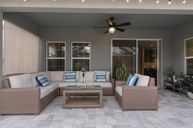 view of patio featuring ceiling fan and an outdoor hangout area