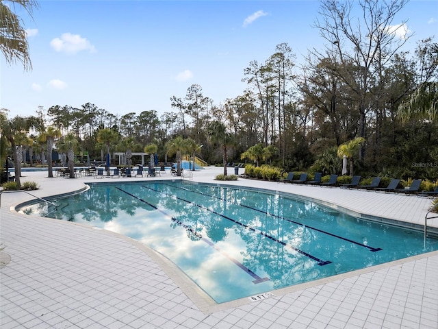 view of swimming pool with a patio