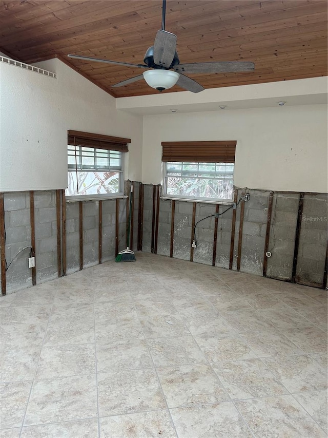 empty room featuring wood ceiling, vaulted ceiling, and ceiling fan