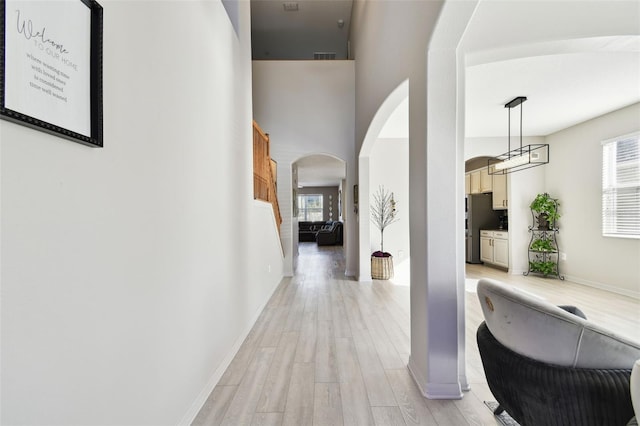 hallway featuring a healthy amount of sunlight and light hardwood / wood-style floors