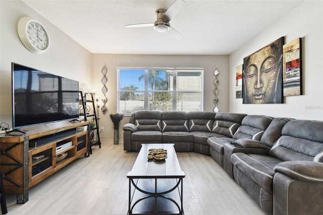 living room featuring ceiling fan, a textured ceiling, and light hardwood / wood-style flooring