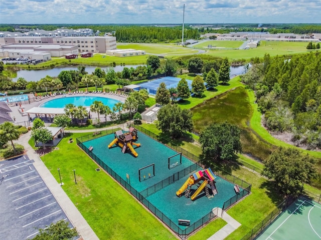 bird's eye view with a water view