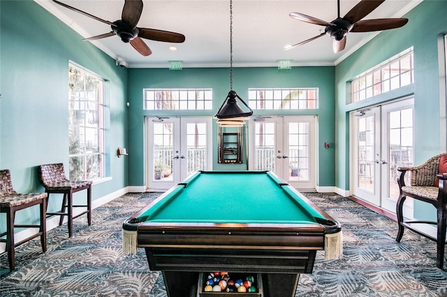 recreation room featuring ceiling fan, crown molding, pool table, and french doors