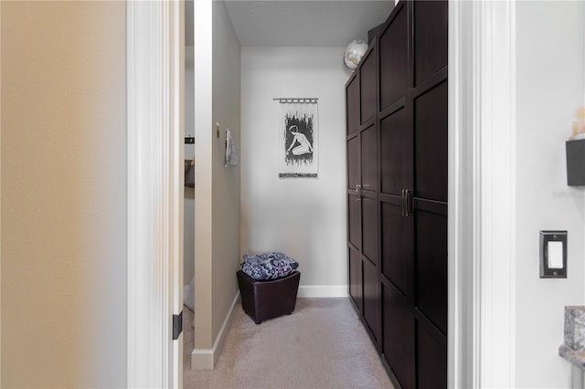 hallway featuring light carpet and a textured ceiling