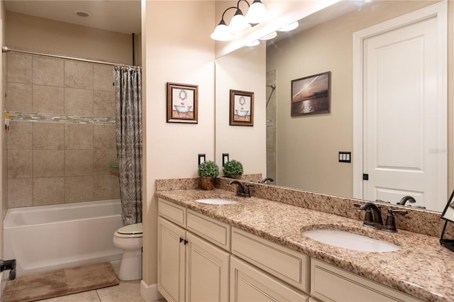 full bathroom with tile patterned flooring, vanity, toilet, and shower / tub combo with curtain