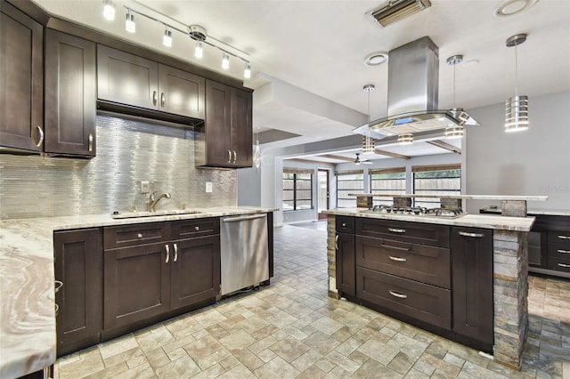 kitchen with dark brown cabinetry, sink, hanging light fixtures, island range hood, and appliances with stainless steel finishes