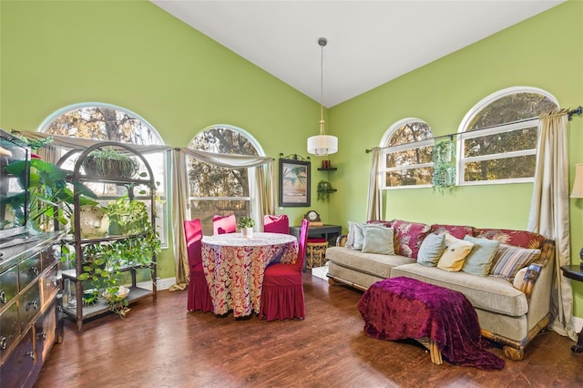 living room featuring high vaulted ceiling, dark hardwood / wood-style flooring, and plenty of natural light