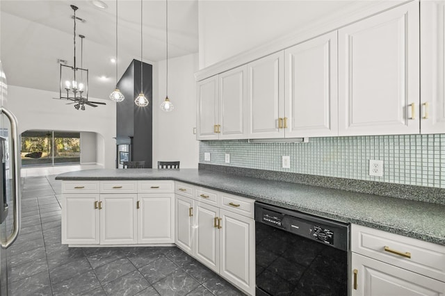 kitchen with a towering ceiling, backsplash, white cabinets, ceiling fan, and black dishwasher