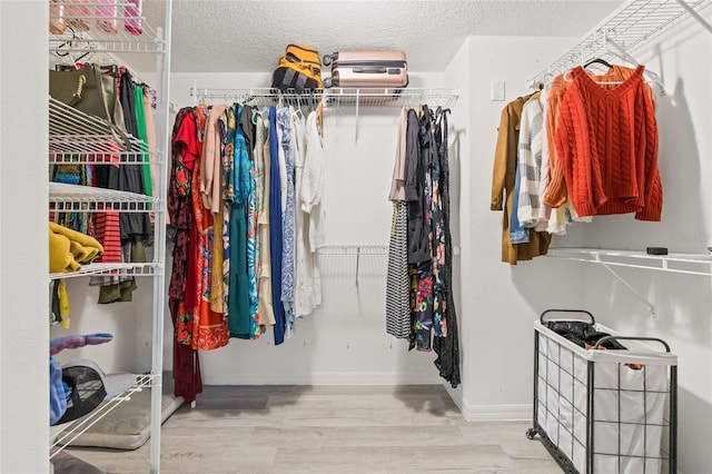 walk in closet with light hardwood / wood-style floors