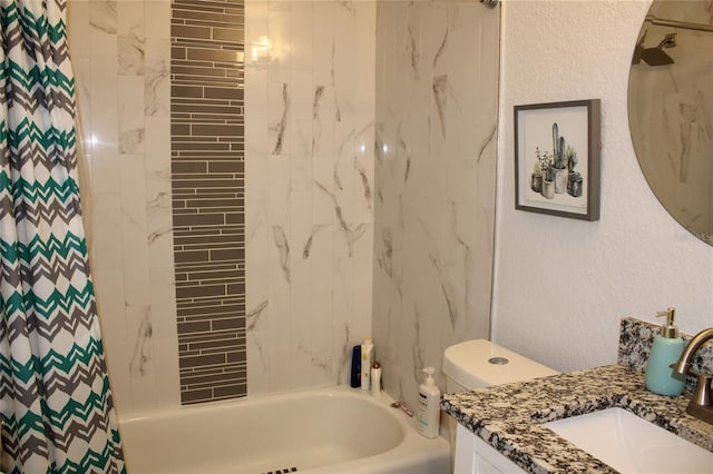 full bathroom featuring toilet, vanity, and shower / tub combo with curtain