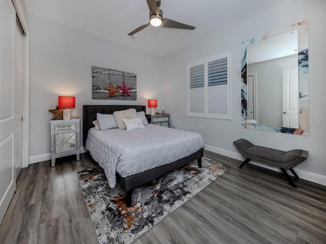 bedroom featuring ceiling fan, a closet, and wood-type flooring