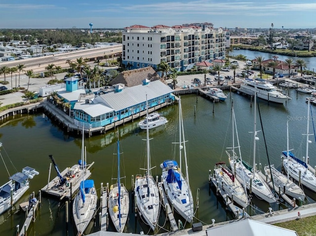 birds eye view of property featuring a water view