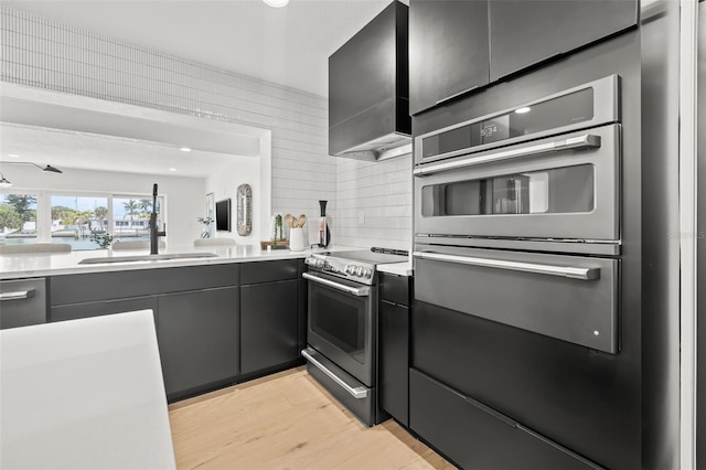 kitchen with sink, decorative backsplash, stainless steel appliances, wall chimney range hood, and light wood-type flooring