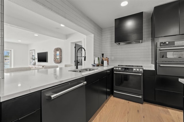 kitchen with electric stove, sink, dishwashing machine, wall chimney range hood, and light hardwood / wood-style flooring