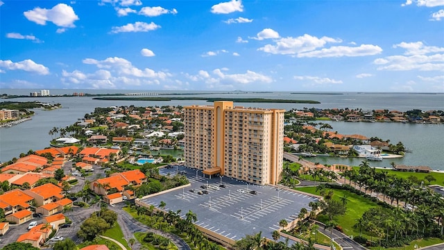 bird's eye view with a water view