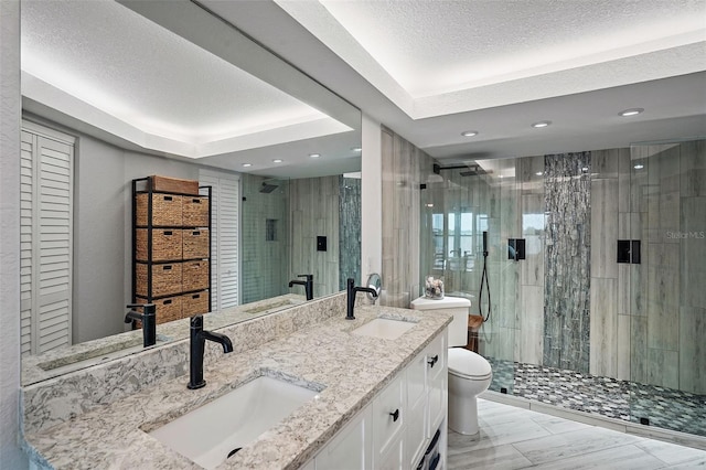 bathroom featuring walk in shower, a textured ceiling, toilet, a tray ceiling, and vanity