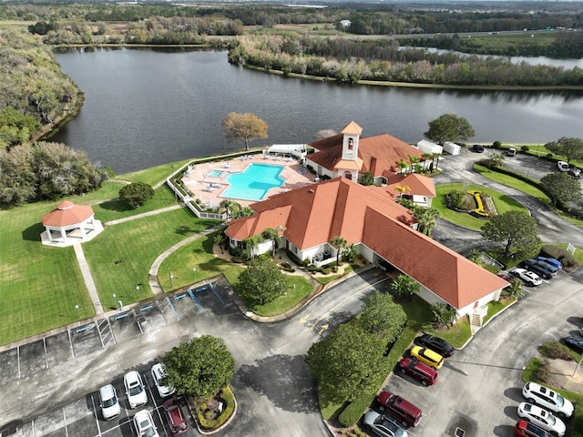 drone / aerial view with a water view