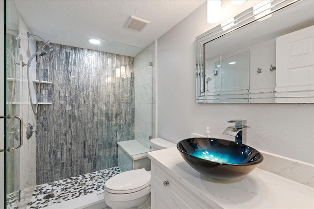 bathroom with vanity, toilet, a shower with door, and a textured ceiling