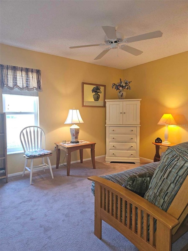 living area with carpet flooring, ceiling fan, and a textured ceiling