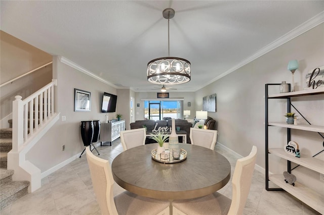 dining space with a notable chandelier, light tile patterned flooring, and ornamental molding