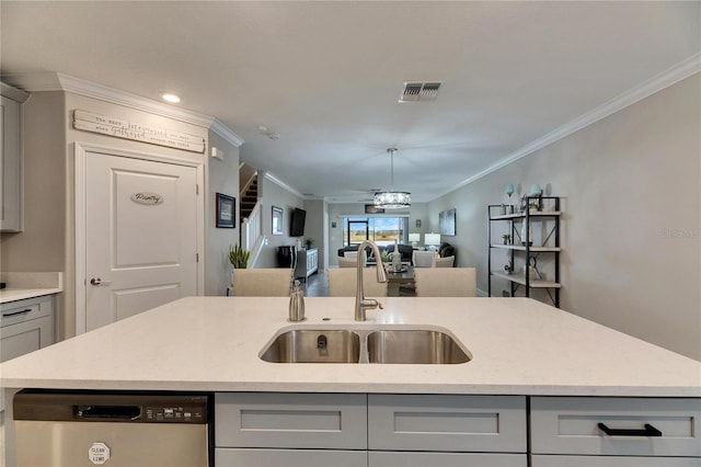 kitchen featuring a kitchen island with sink, dishwasher, sink, and ornamental molding