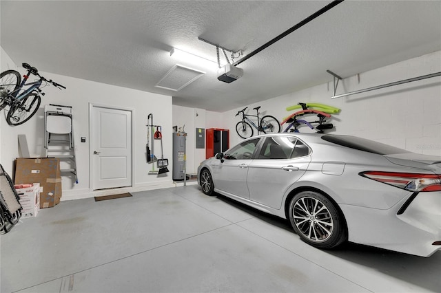 garage with water heater, a garage door opener, and electric panel