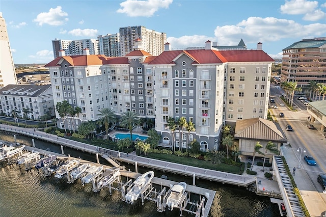 view of building exterior with a water view