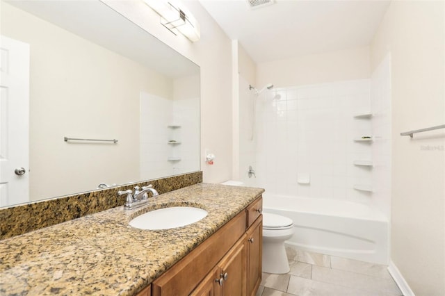 full bathroom featuring tub / shower combination, toilet, and vanity