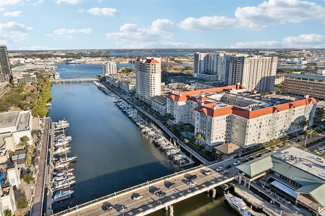 bird's eye view with a water view