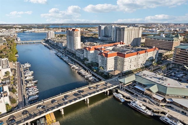 bird's eye view with a water view